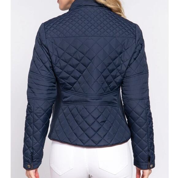 Suede Piping Detail Knit Rib Quilted Padding Jacket Navy Blue - Picture 3 of 6